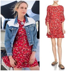 MAJE Rahimi Mini Dress Faux Wrap Ruffled Bell Sleeves Red Floral High Neck Small